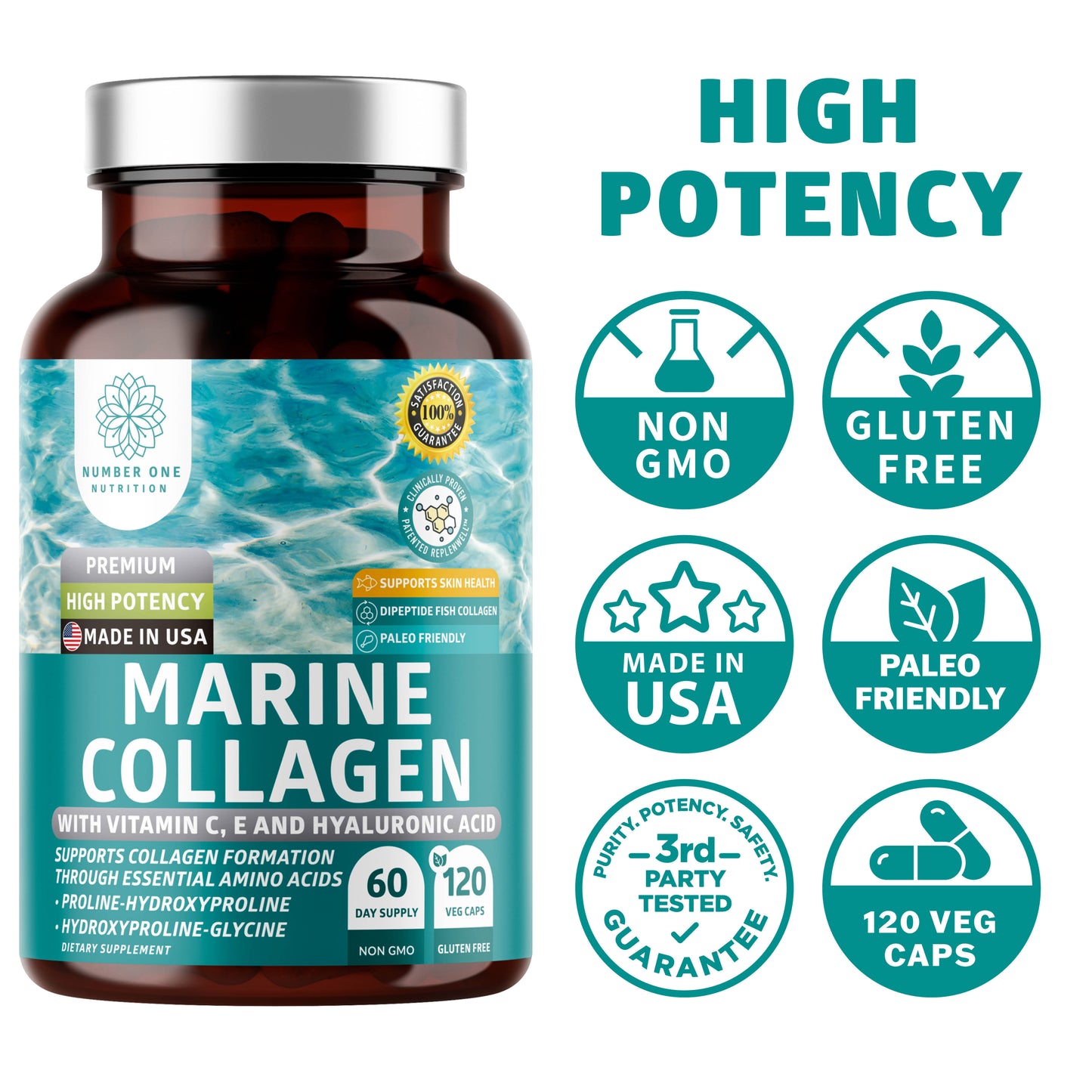 Marine Collagen Dipeptides with Hyaluronic Acid, 120 Veg Caps