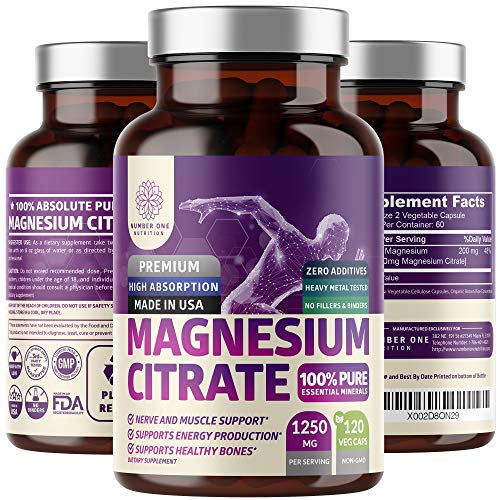 N1N Premium Magnesium Citrate Capsules 1250mg 120 Veg Caps [100% Pure] Powerful dose for Sleep, Muscle Cramps, Bone Health, Energy Production and Nerve Function