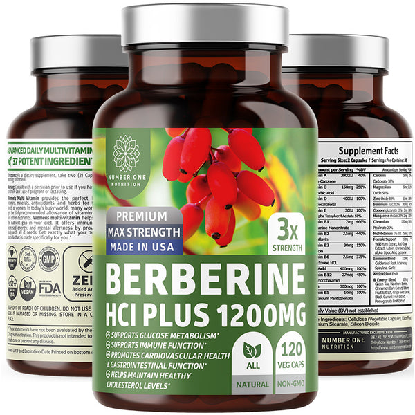 Number One Nutrition N1N Premium Berberine Plus 120 Caps, 1200mg [Non-GMO, US Made] Natural Supplement Supports Anti-Aging, Cellular Health, Energy and Digestion