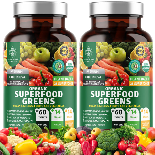 2 Pack N1N Premium Organic Green Superfood, Fruits & Veggies [28 Powerful Ingredients], 120 Tablets